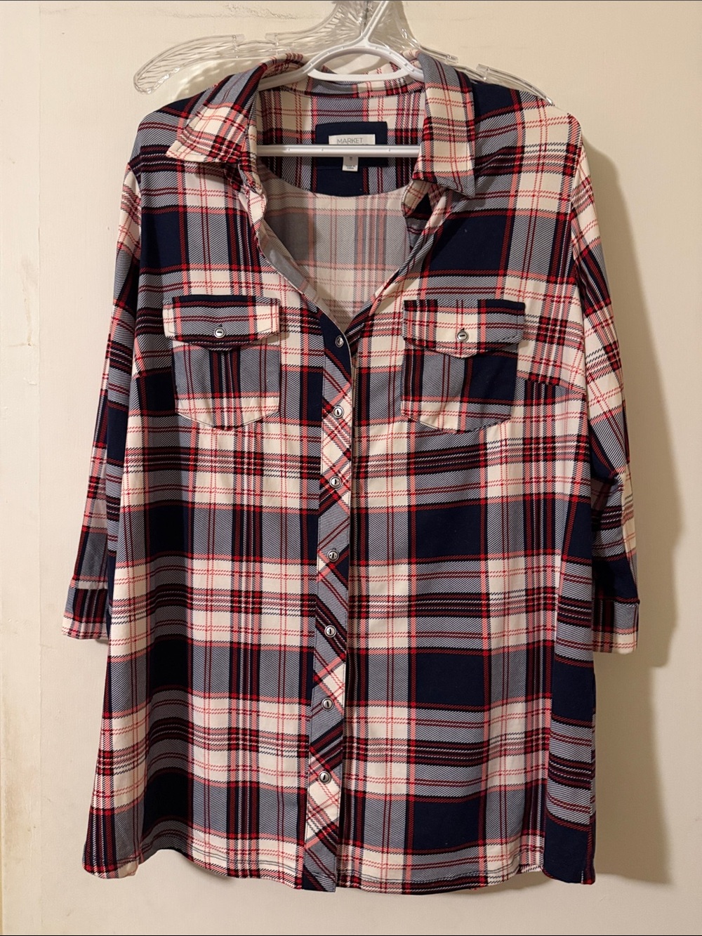 Market & Spruce Navy Blue, White & Red Plaid Button-Down Shirt